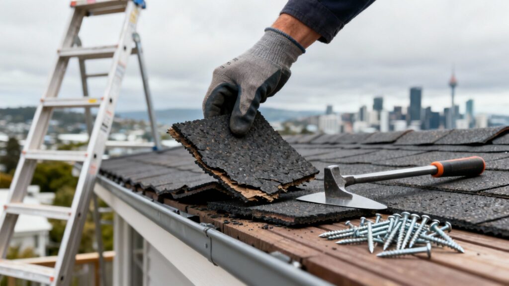 A detailed, high-resolution aerial photo of a tile roof, showing the condition of individual tiles.