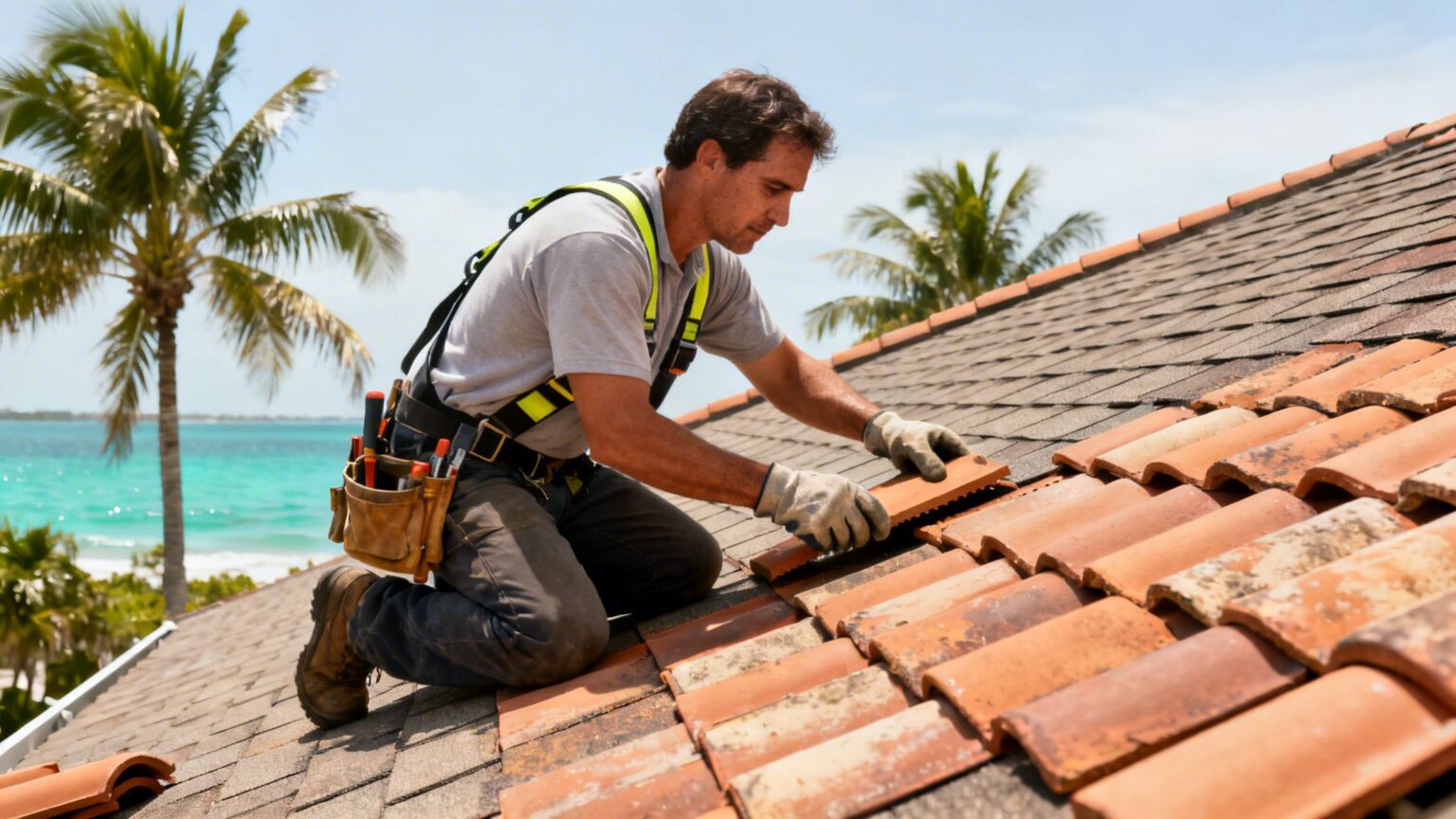 A close-up view of cracked and missing asphalt shingles on a roof.