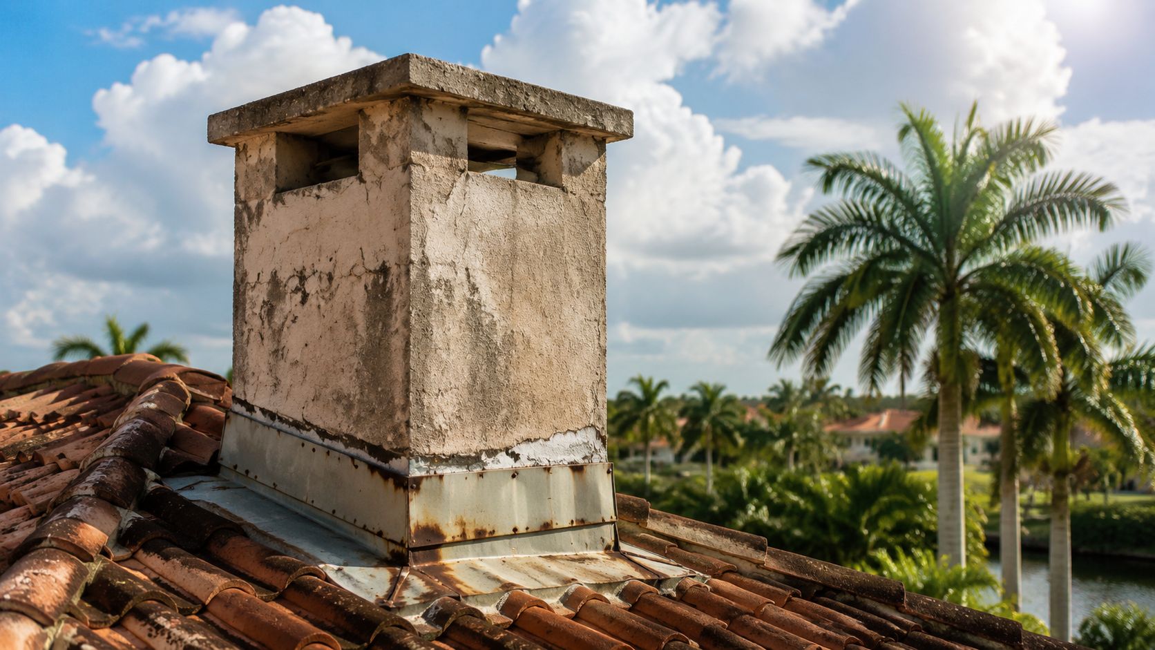 A weathered residential chimney on a tiled roof showing signs of rust on the base flashing.