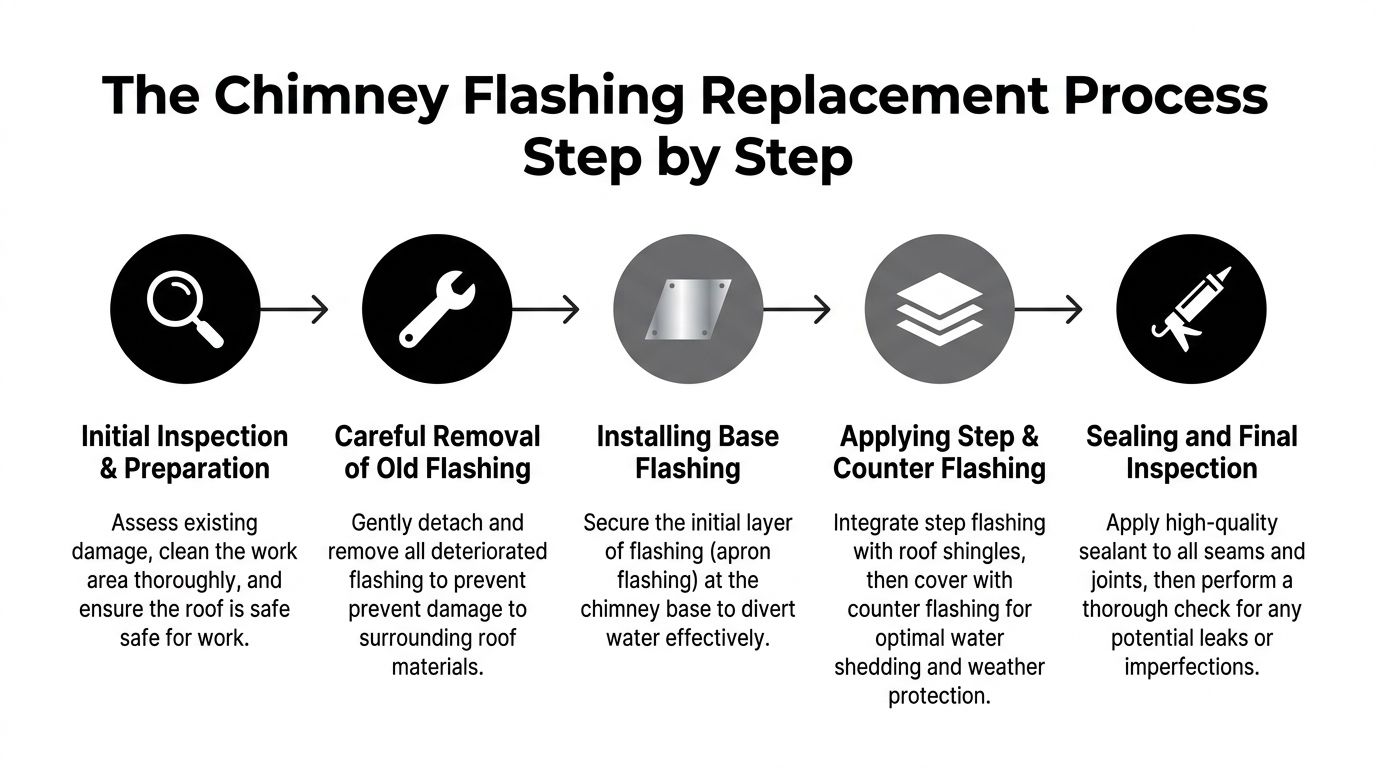 A step-by-step infographic illustrating the professional process for replacing chimney flashing on a roof.