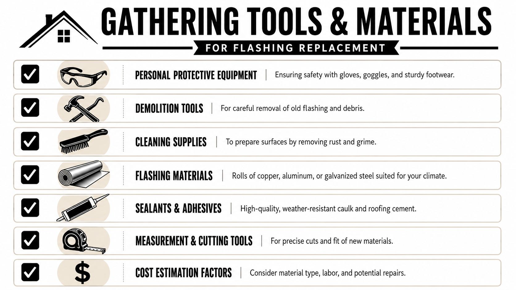 A checklist for gathering necessary tools and materials required for home chimney flashing replacement projects.