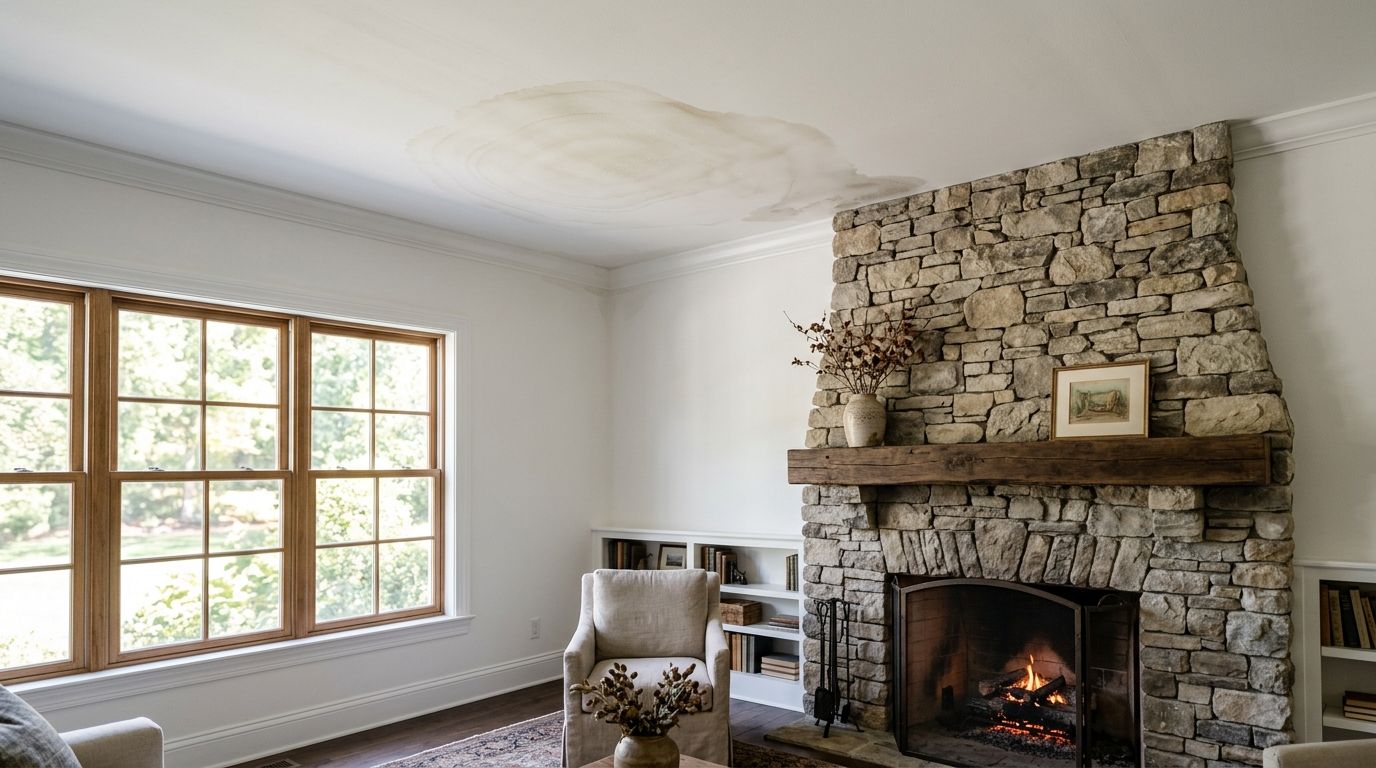 A living room with a stone fireplace featuring a prominent water stain on the ceiling above.
