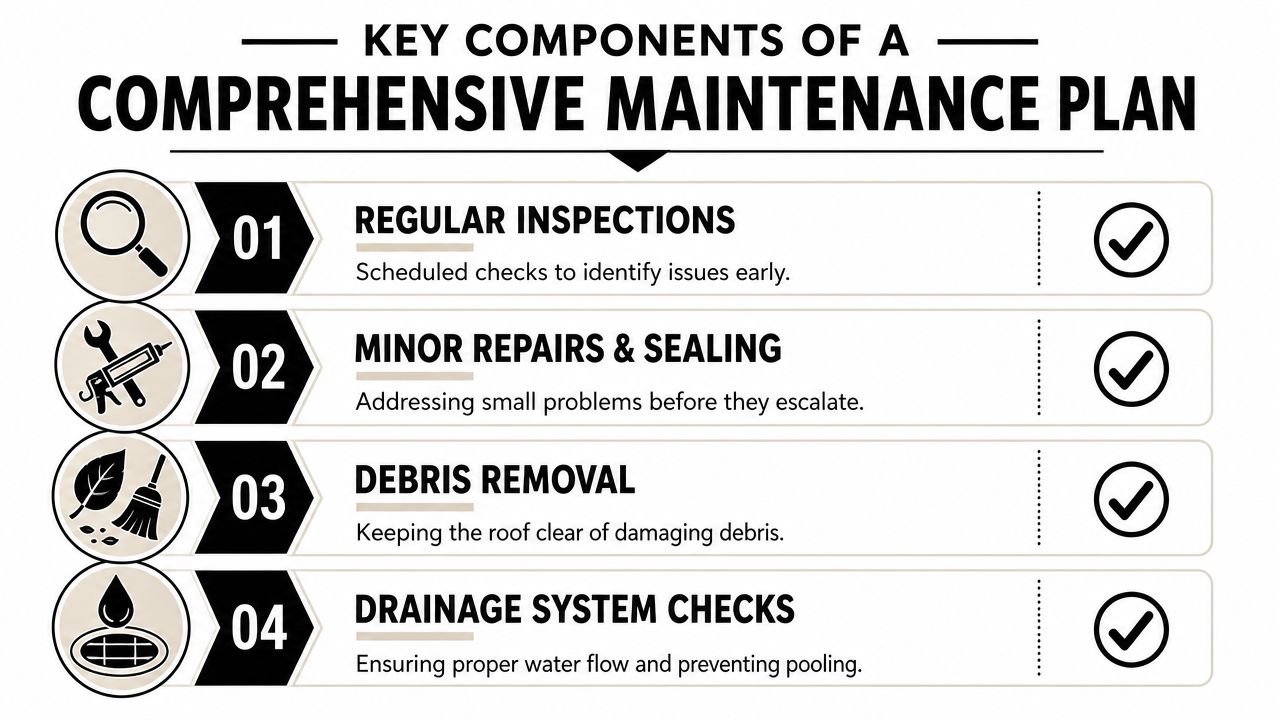 A list graphic illustrating four essential steps of a comprehensive commercial roof maintenance plan.