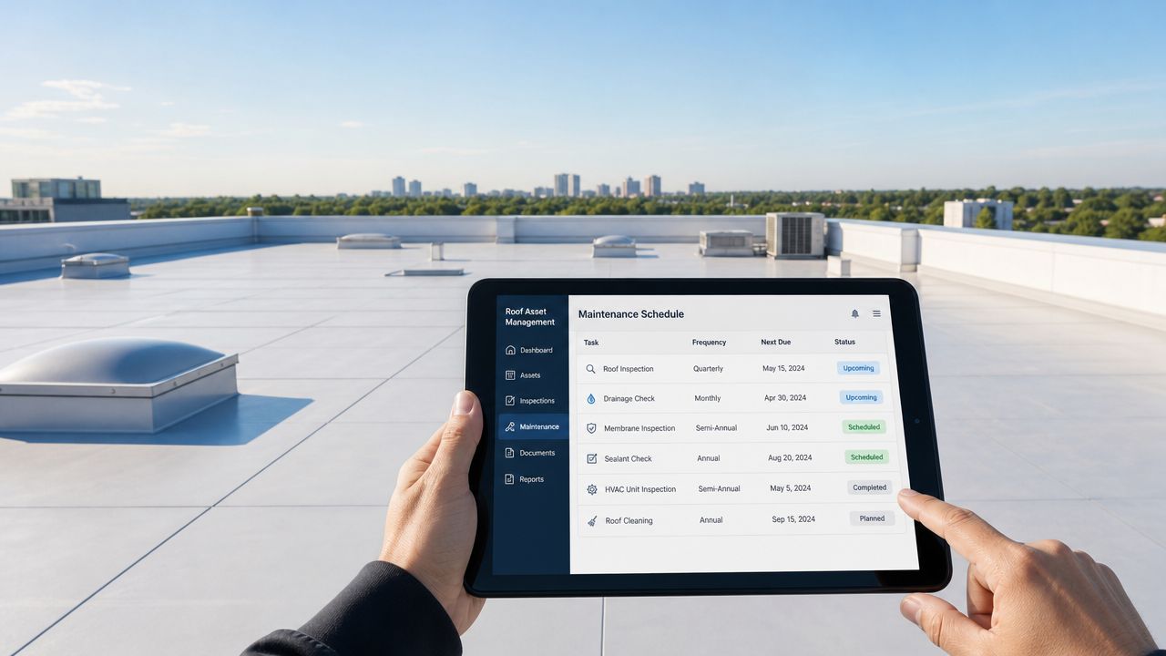 A person holds a tablet displaying a roof maintenance schedule while standing on a commercial building rooftop.