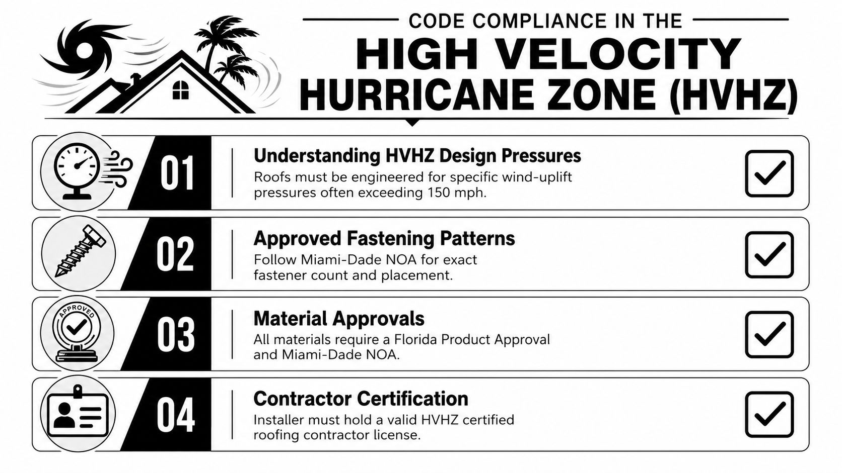 A checklist for commercial roofing compliance in high velocity hurricane zones.