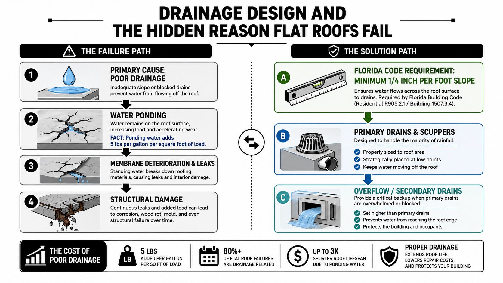 A drainage workflow for identifying flat roof failure points and solving them early.
