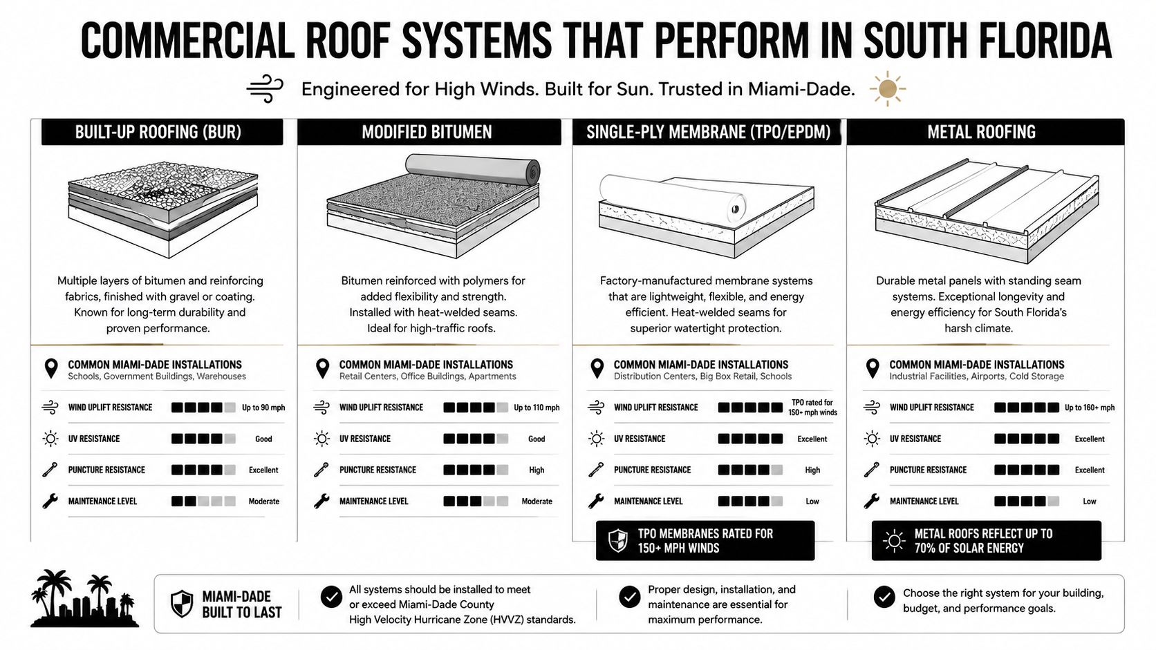 A comparison of commercial roof systems suited to South Florida conditions.