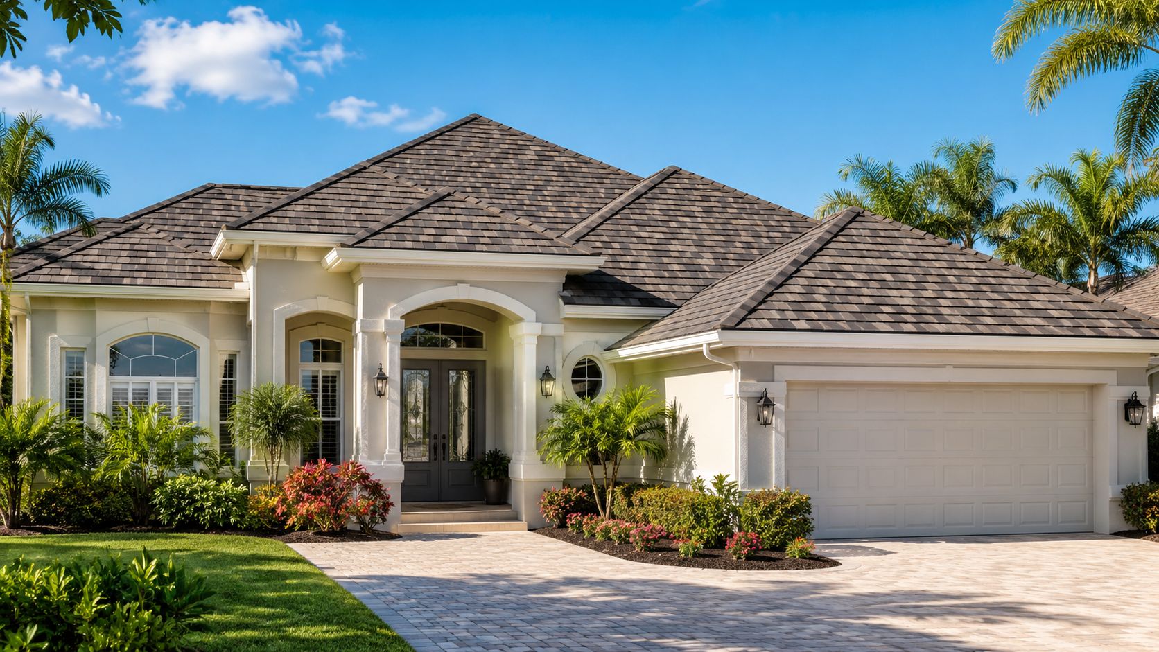 A luxurious single-story home featuring a sophisticated roof with dark gray architectural shingles against a clear sky.