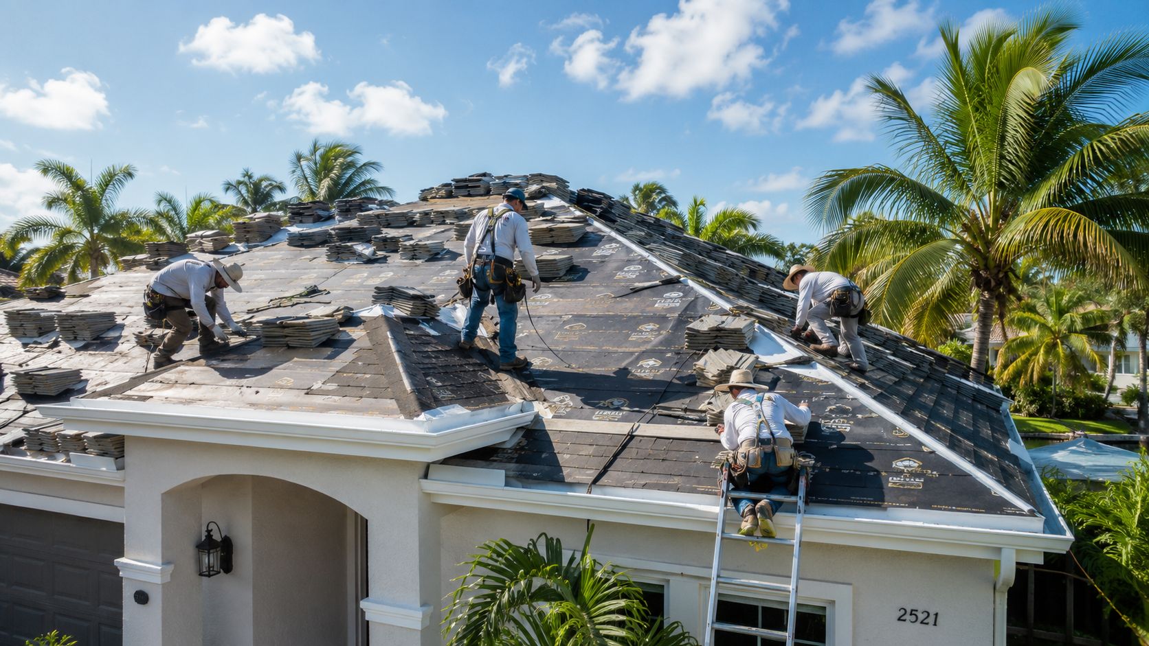 A team of roofers wearing safety gear installing asphalt shingles on a residential house roof under a sunny sky.