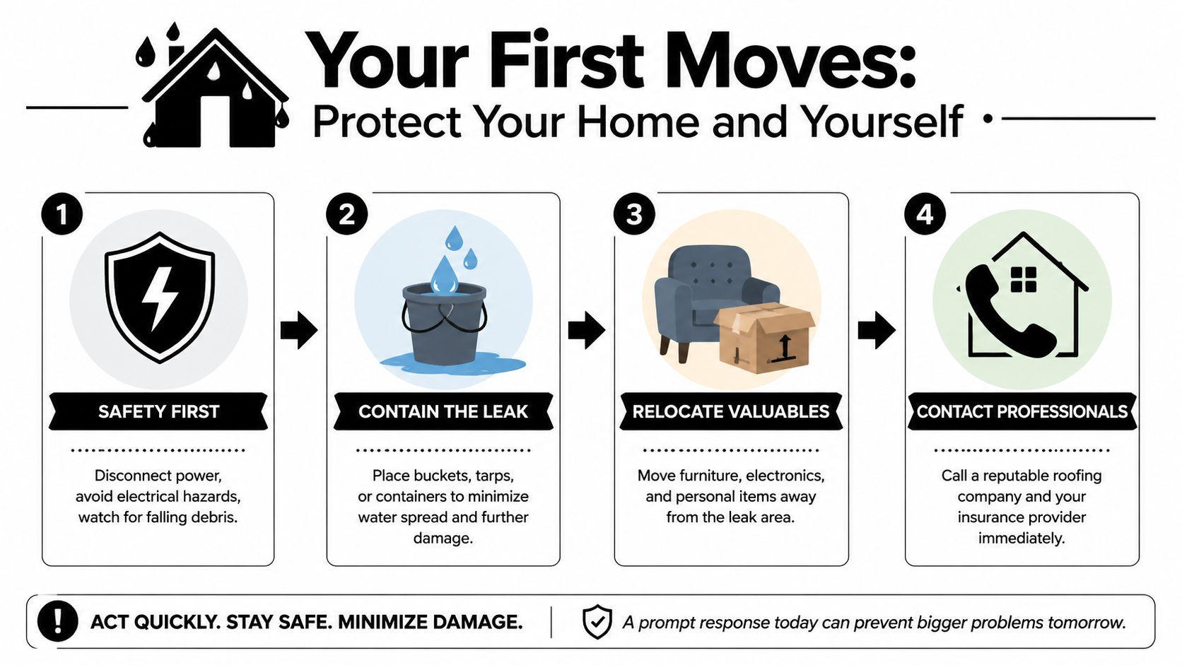 A four-step infographic showing how to protect your home and yourself during an emergency roof leak.