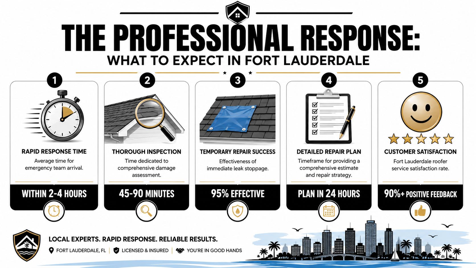 A five-step infographic showing the rapid response process for emergency roof leak repairs in Fort Lauderdale.