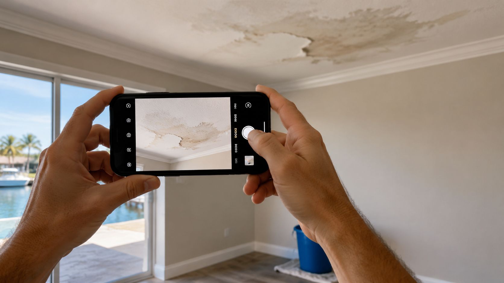 A person using a smartphone to photograph a water-damaged ceiling in a residential home.