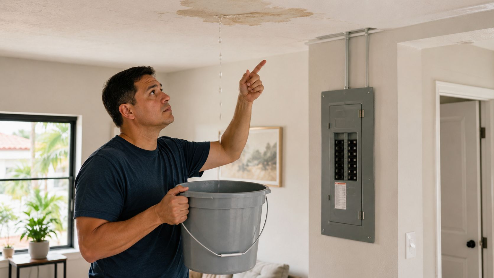 A concerned man holds a bucket under a leaking ceiling while pointing at the water damage.