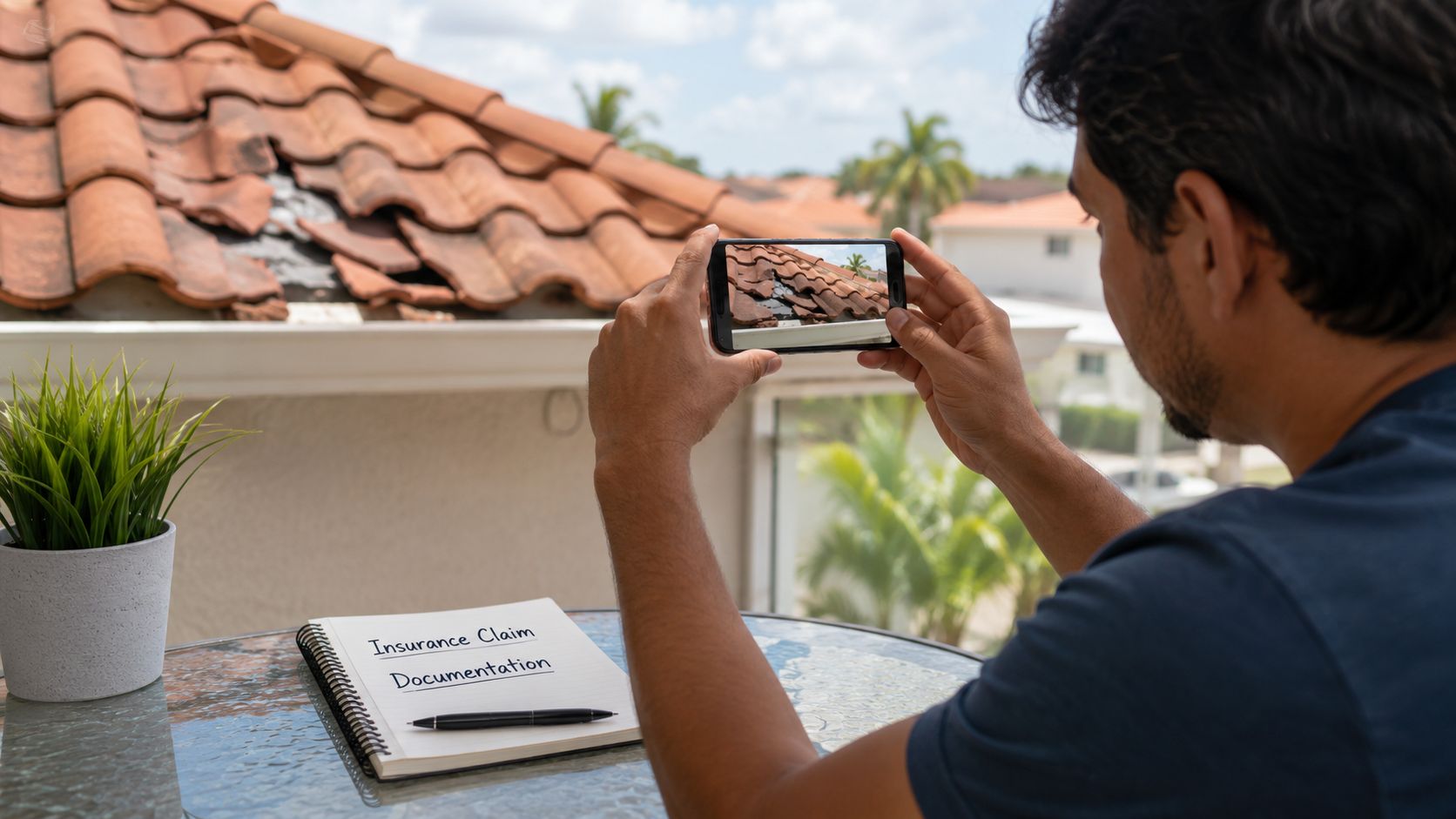 A man documenting roof damage with a smartphone for an insurance claim while sitting on a balcony.