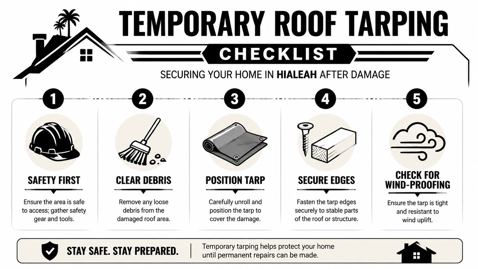 A checklist infographic for temporary roof tarping to secure homes after storm damage in Hialeah.