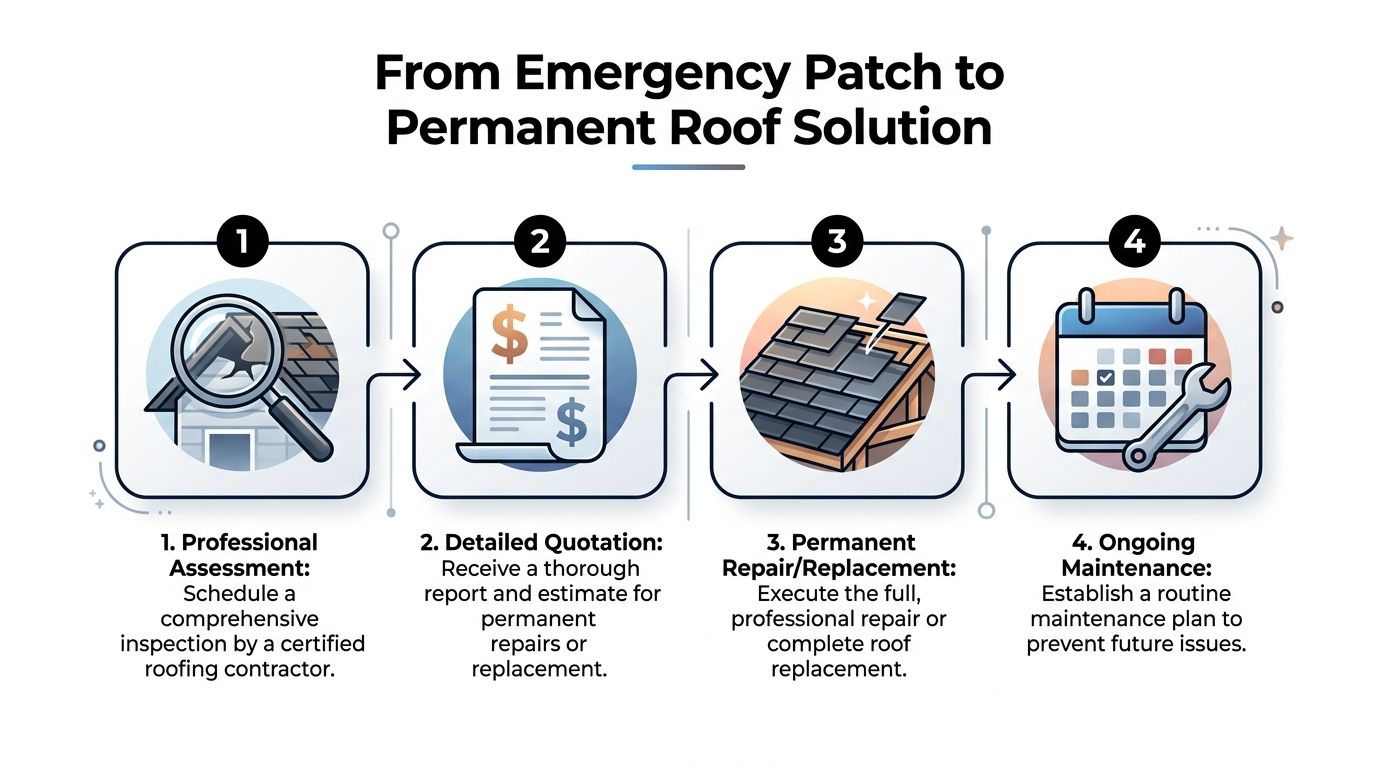 A four-step infographic illustrating the process from emergency roof patching to long-term roof maintenance solutions.