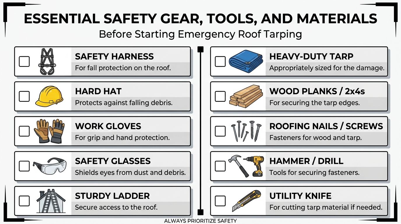 A checklist of essential safety gear, tools, and materials needed for emergency roof tarping projects.