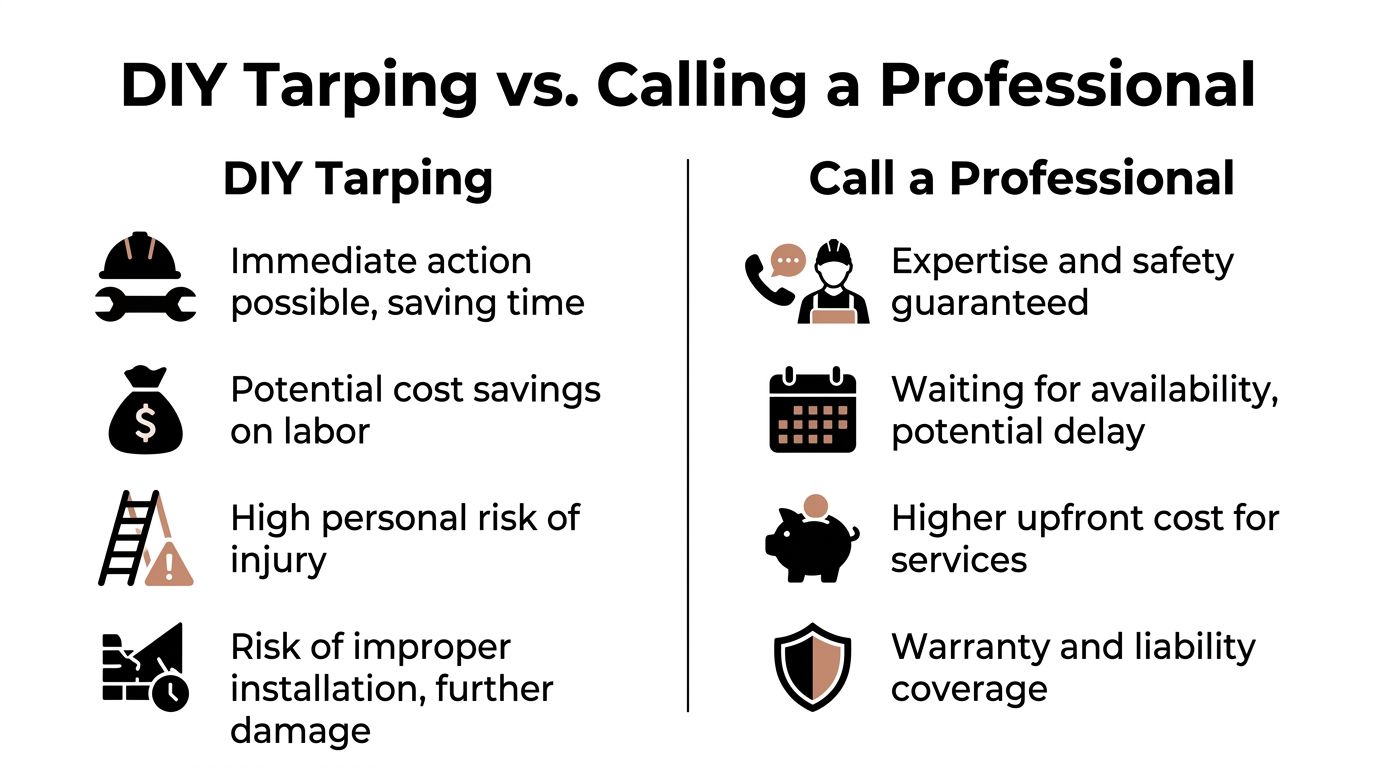 A comparison chart showing the pros and cons of DIY emergency roof tarping versus hiring professional services.