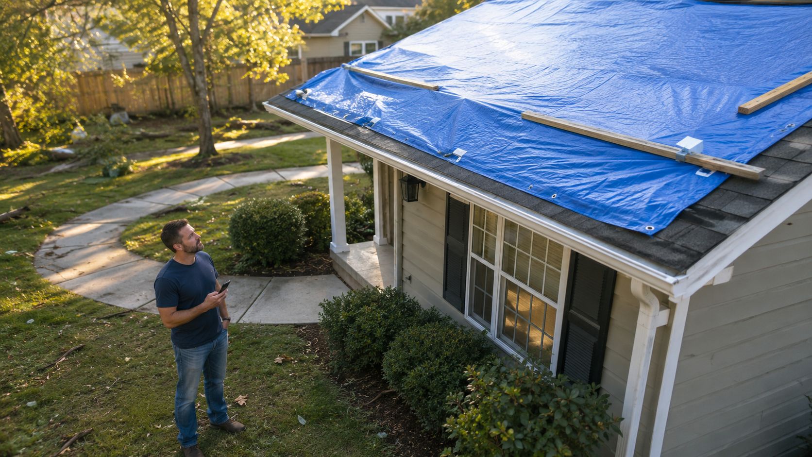 A man inspecting a residential home with an emergency blue tarp covering the damaged roof section.
