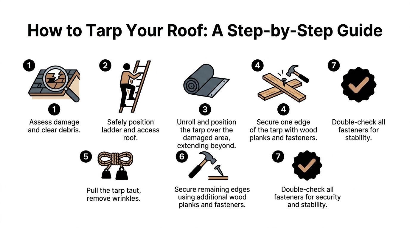 A step-by-step infographic guide showing the seven stages of how to safely tarp a damaged roof.