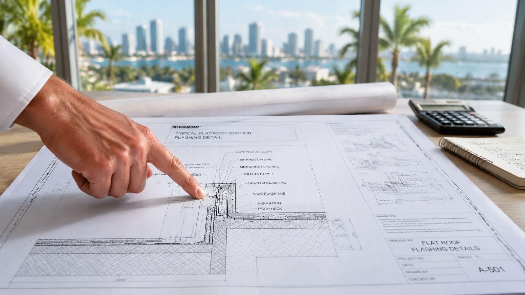 A professional engineer pointing at a detailed flat roof flashing technical drawing on a desk.
