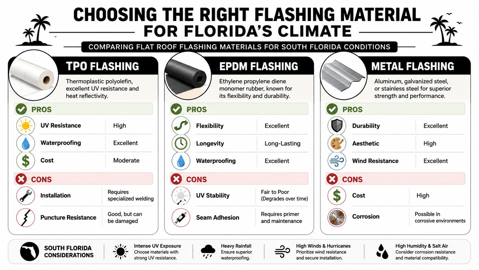 A comparison chart for TPO, EPDM, and metal flashing materials designed for flat roofs in Florida.