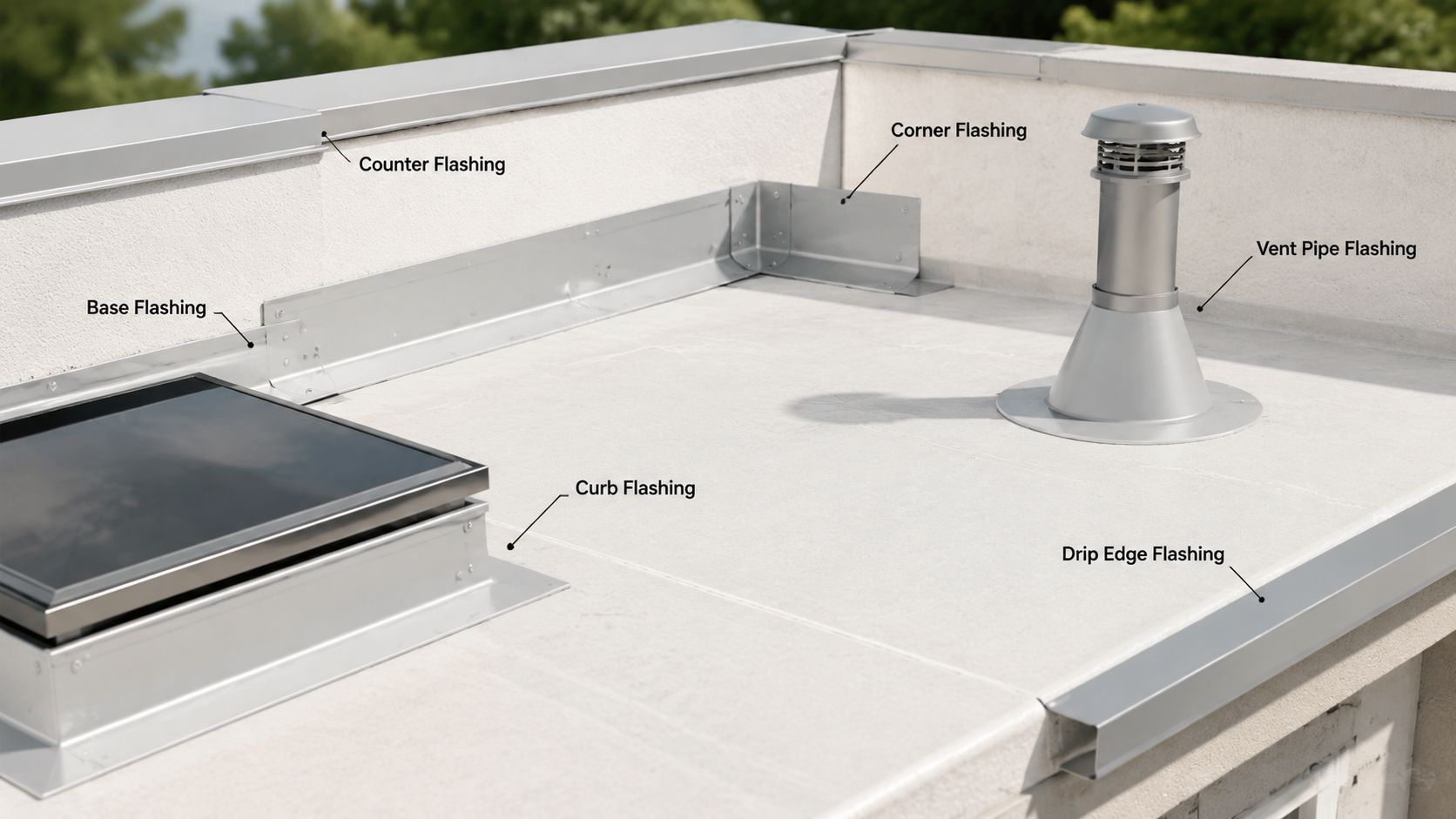A diagram illustrating various types of metal flashing installed on a flat roof system for waterproofing.