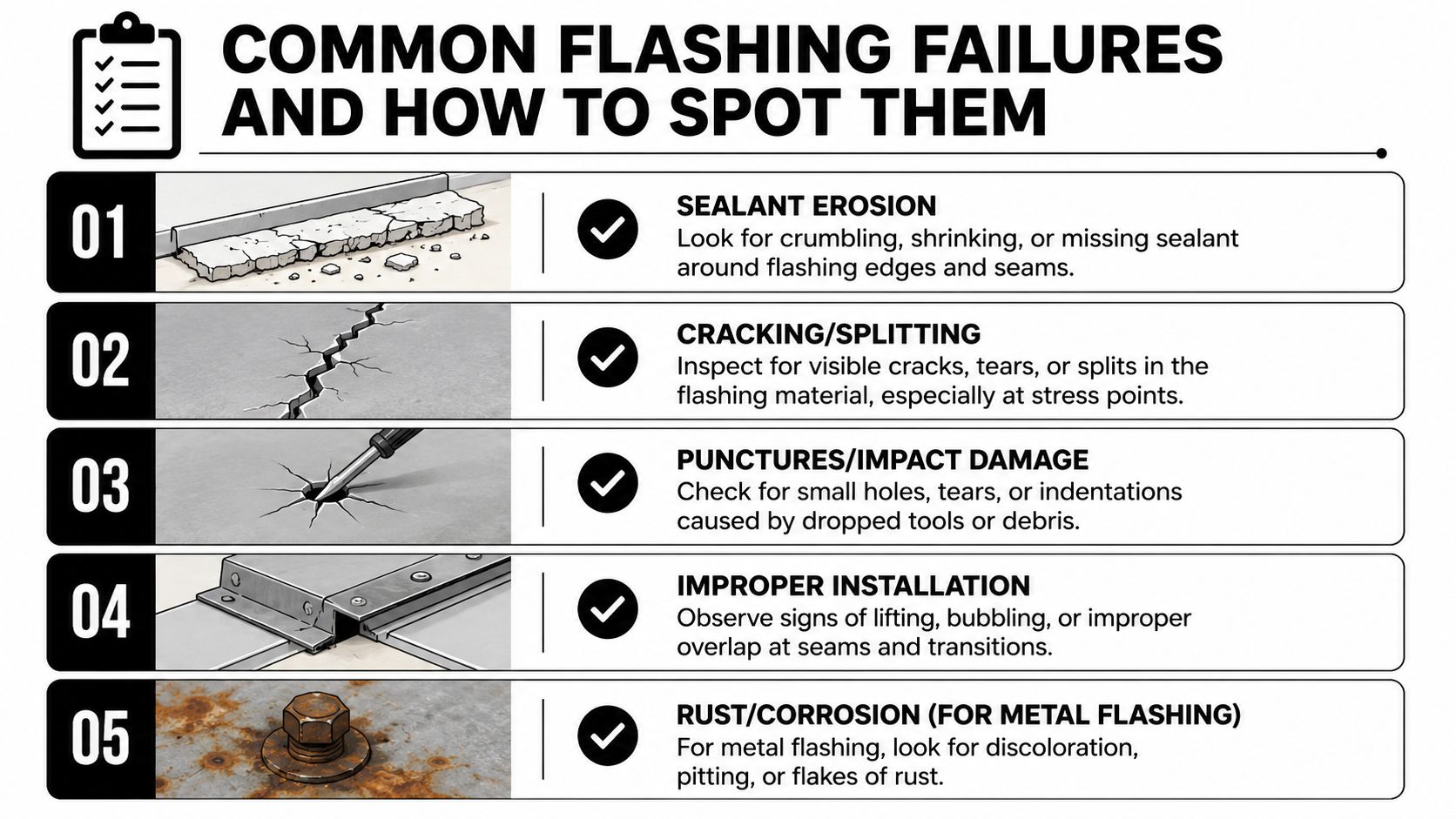 A list of five common roofing flashing failures, including sealant erosion, cracking, punctures, improper installation, and rust.
