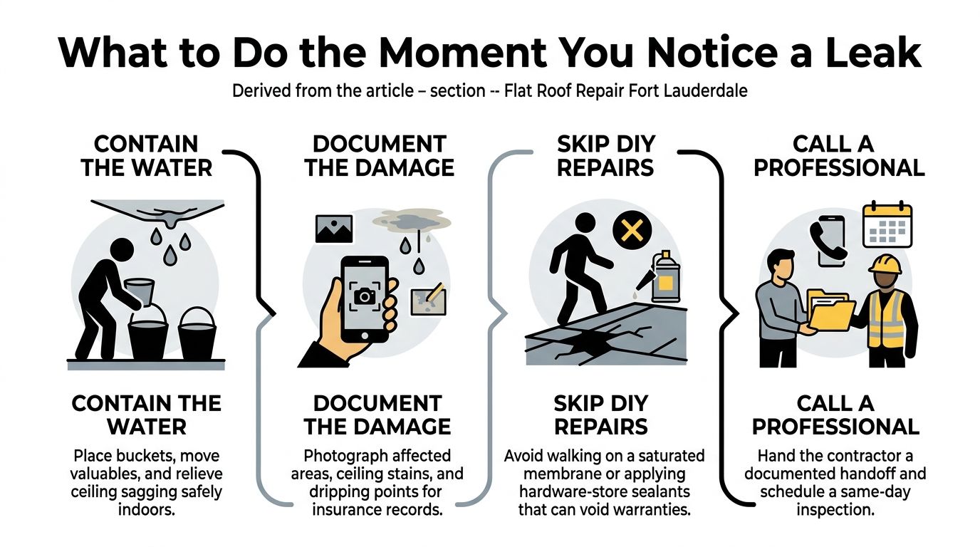 An infographic showing four steps to take immediately when a flat roof leak is discovered.