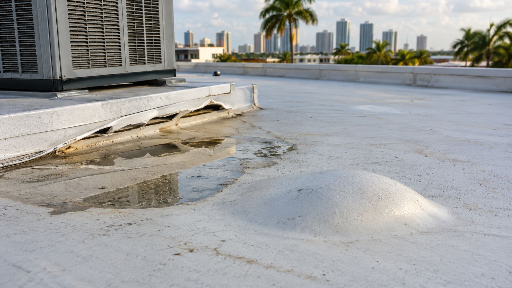 A damaged flat roof section showing standing water pooling near an air conditioning unit on a building.