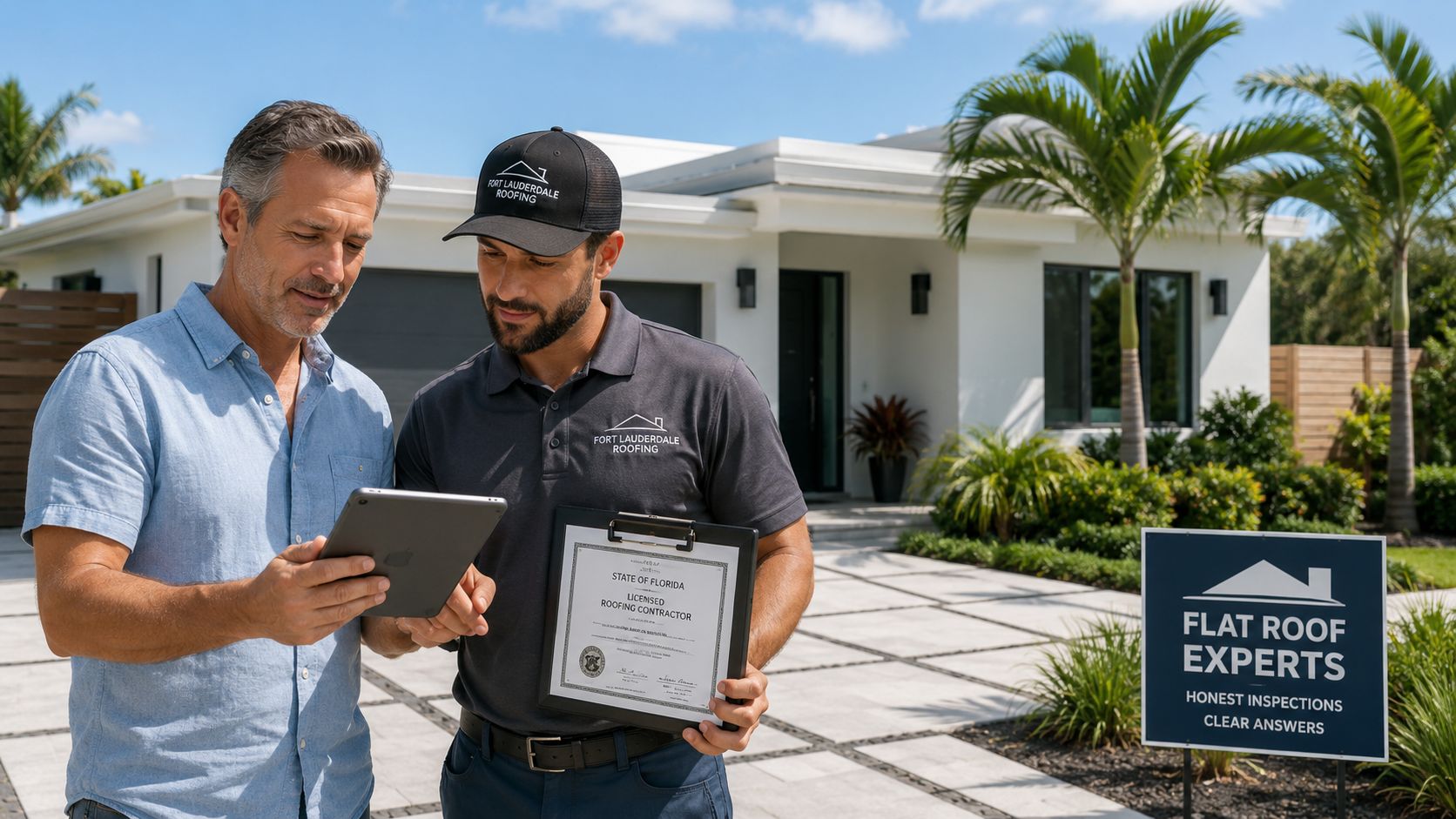 A professional roofing contractor discussing flat roof repair plans with a homeowner using a digital tablet.