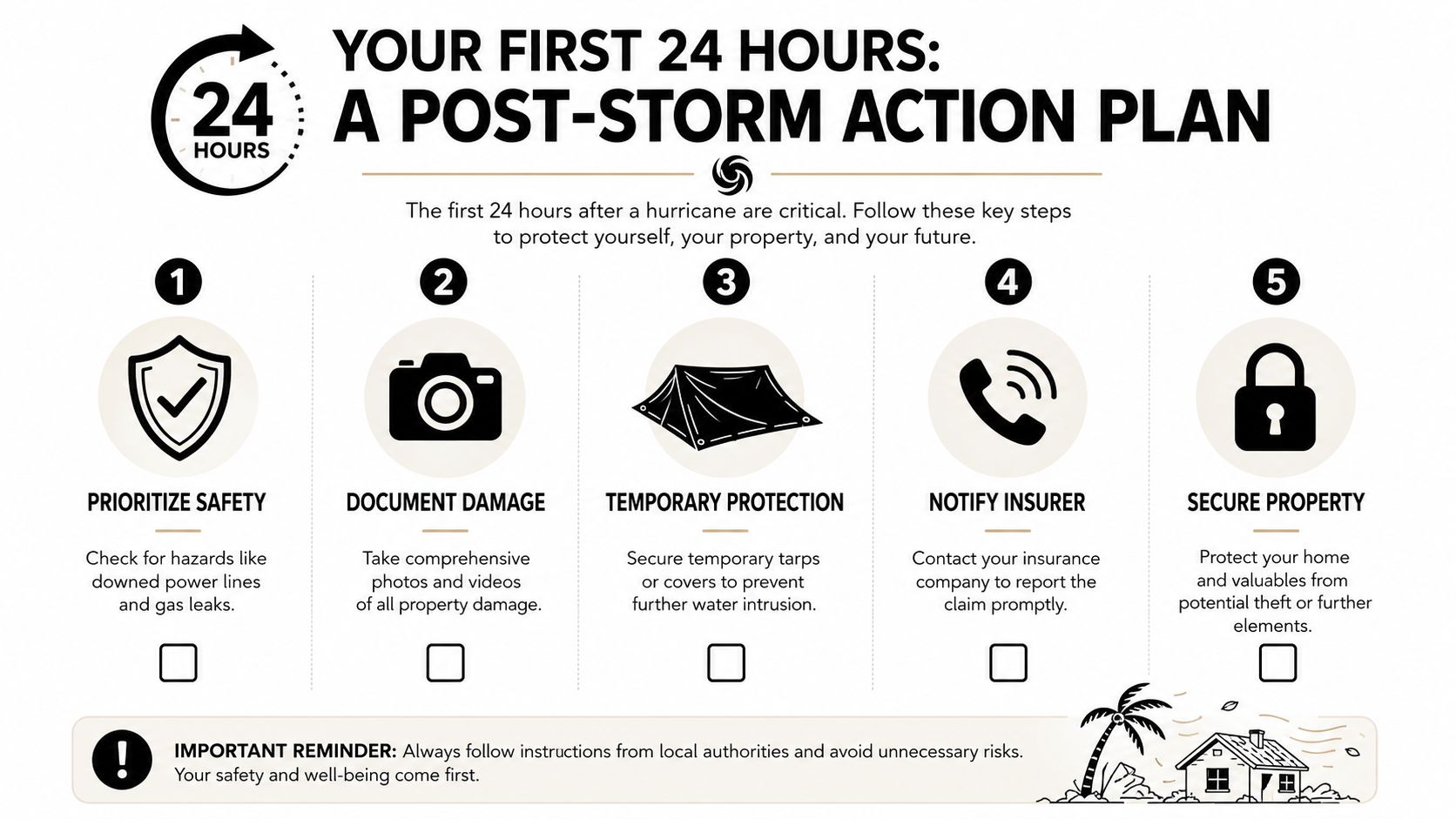 An infographic detailing five essential steps for property safety and insurance claims after a hurricane.