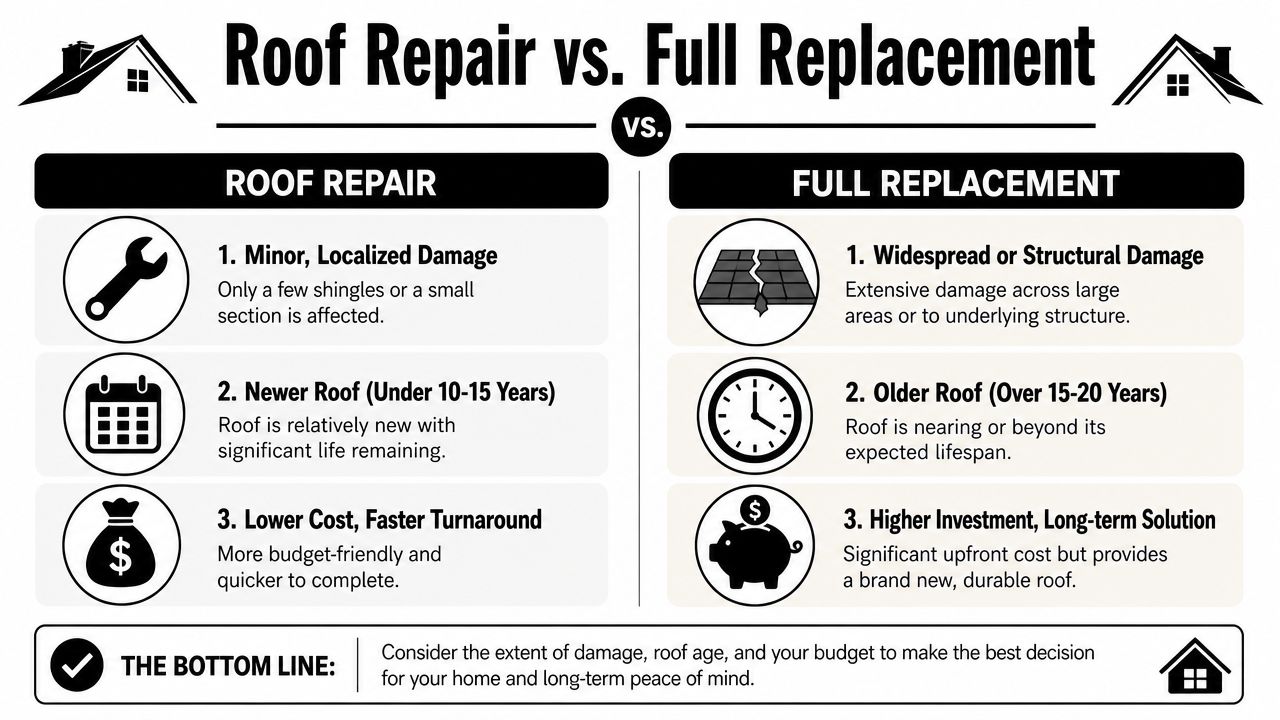 A comparative infographic illustrating the key differences between roof repair and full roof replacement services.
