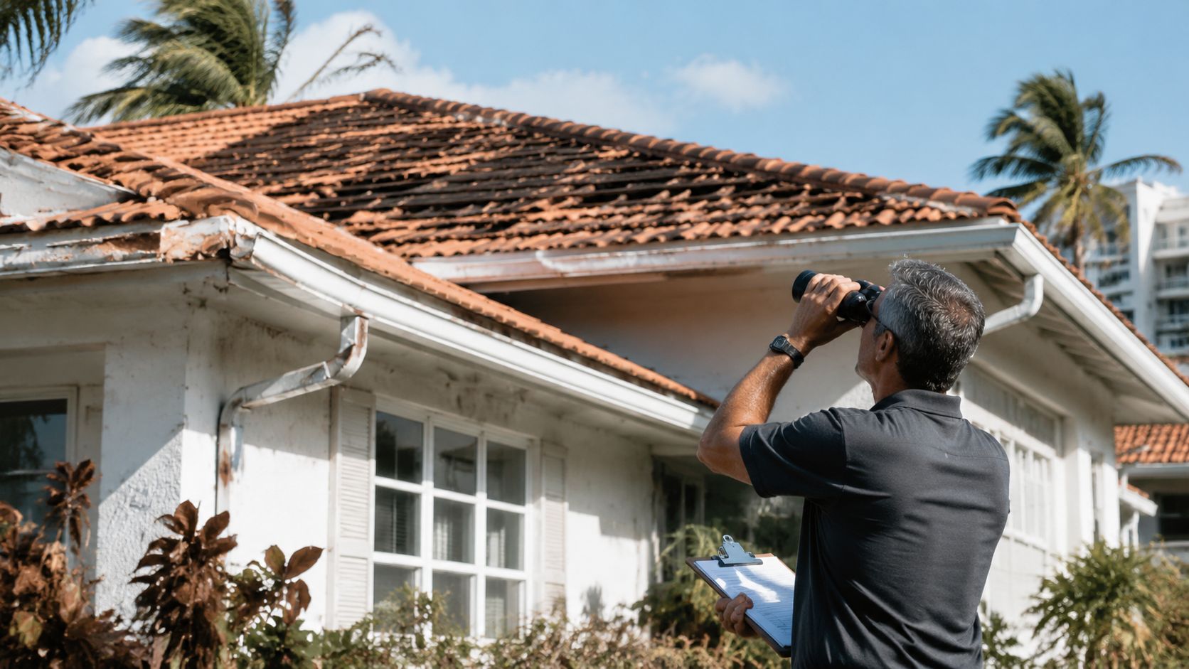 An insurance adjuster inspecting hurricane roof damage on a house in Miami Beach with binoculars.