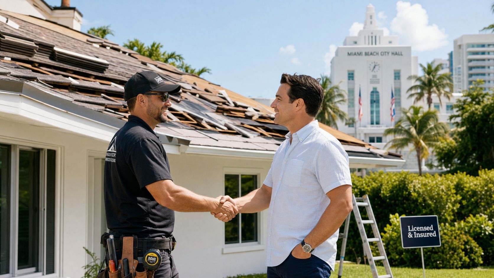 A professional roofer shaking hands with a homeowner in front of a house with hurricane roof damage.