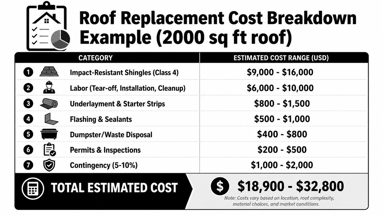 A detailed cost breakdown chart for a 2000 square foot roof replacement using impact resistant shingles.