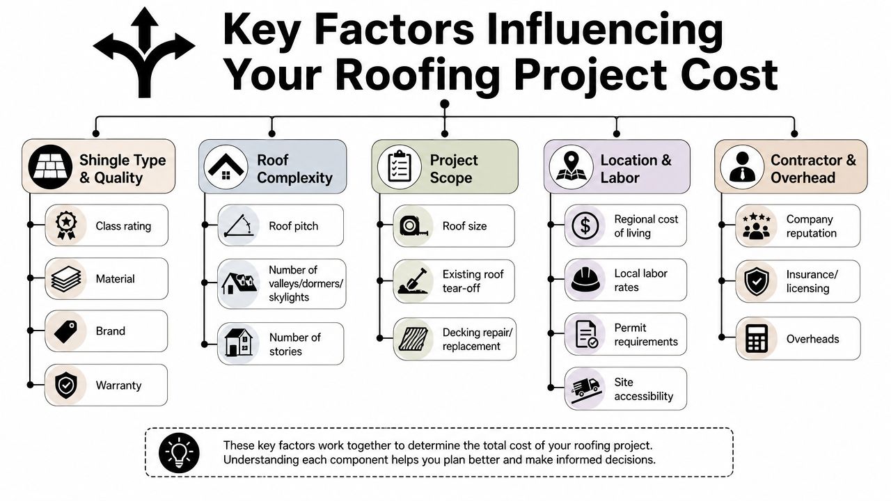 A flowchart infographic outlining the key factors that influence the total cost of a roofing project.