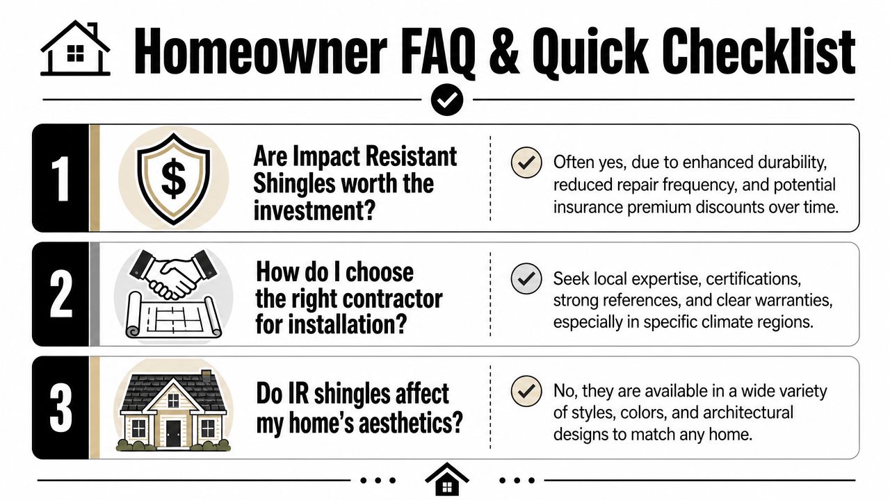 A helpful infographic featuring frequently asked questions and quick checklist tips about investing in impact resistant shingles.
