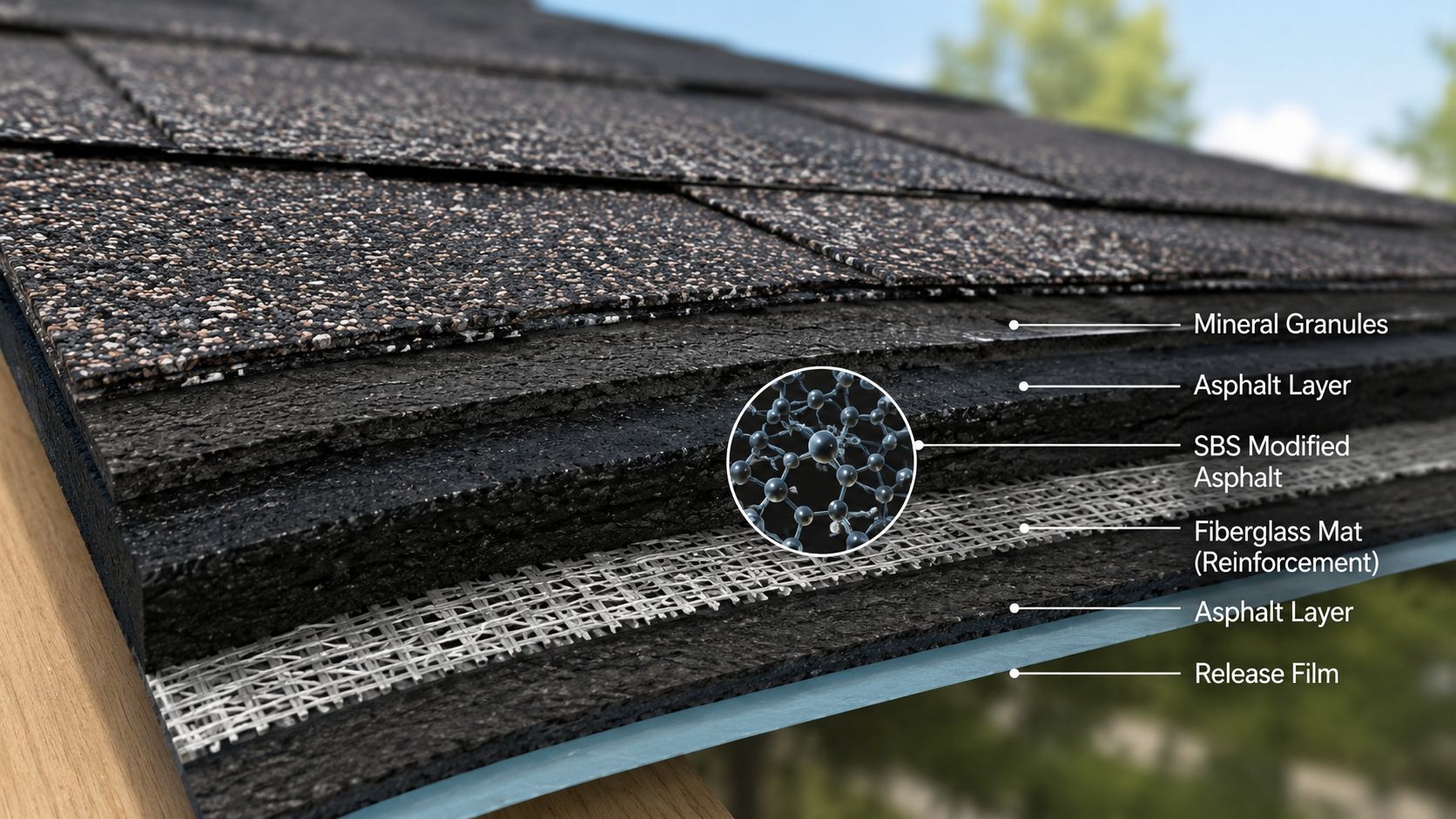 A detailed 3D cross-section view illustrating the layers of durable impact resistant roofing shingles.