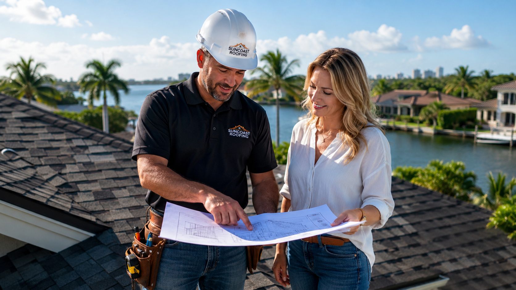 A professional roofing contractor explaining construction blueprints to a female homeowner while standing on a roof.