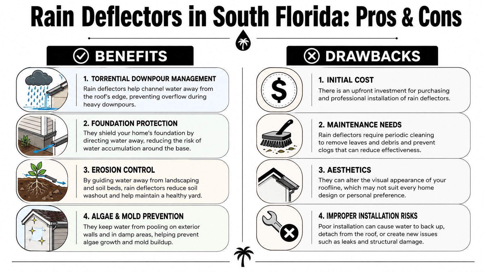 An infographic illustrating the various benefits and potential drawbacks of installing rain deflectors on residential roofs.