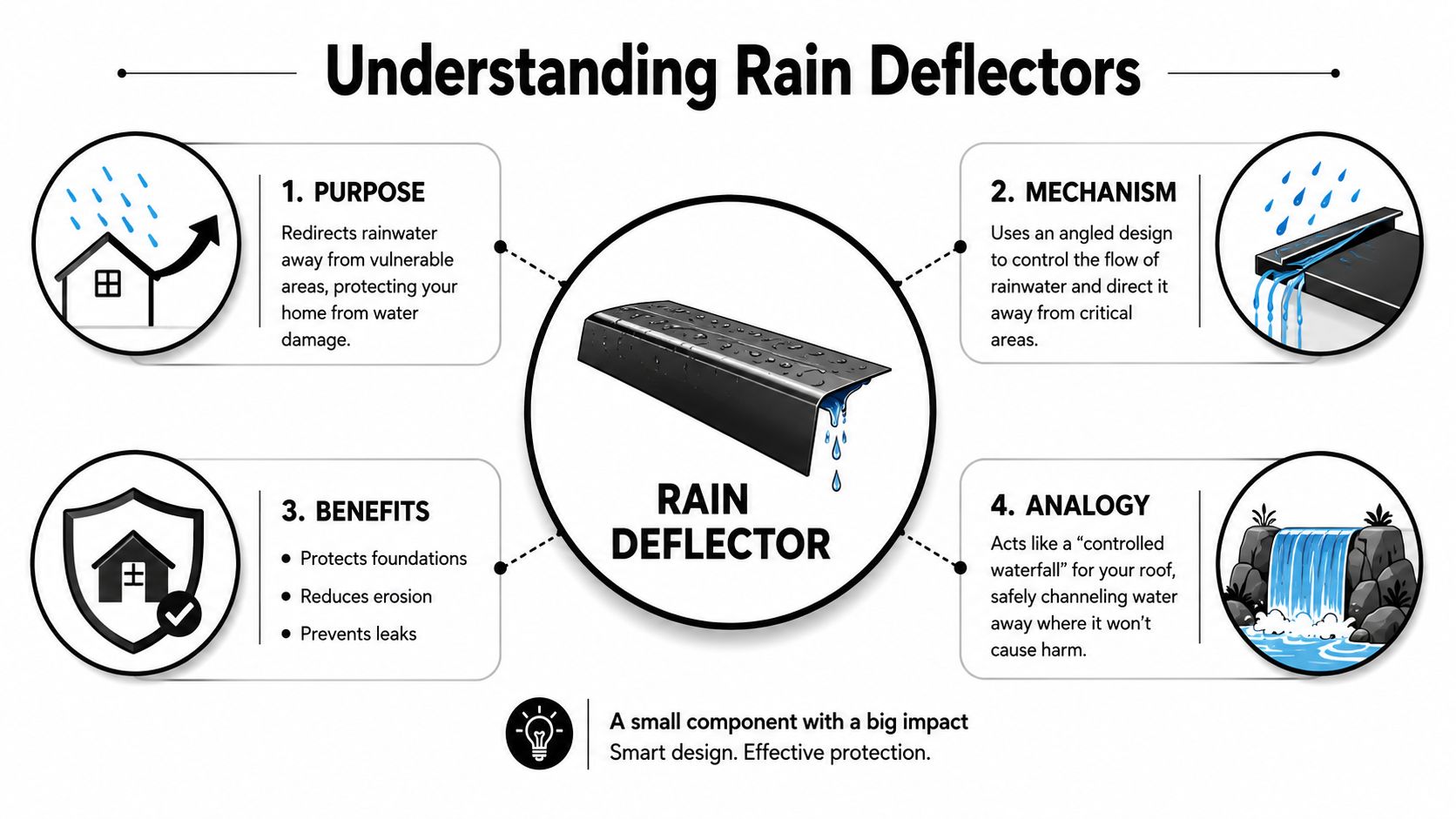 An infographic explaining the purpose, mechanism, benefits, and analogy of rain deflectors for home protection.