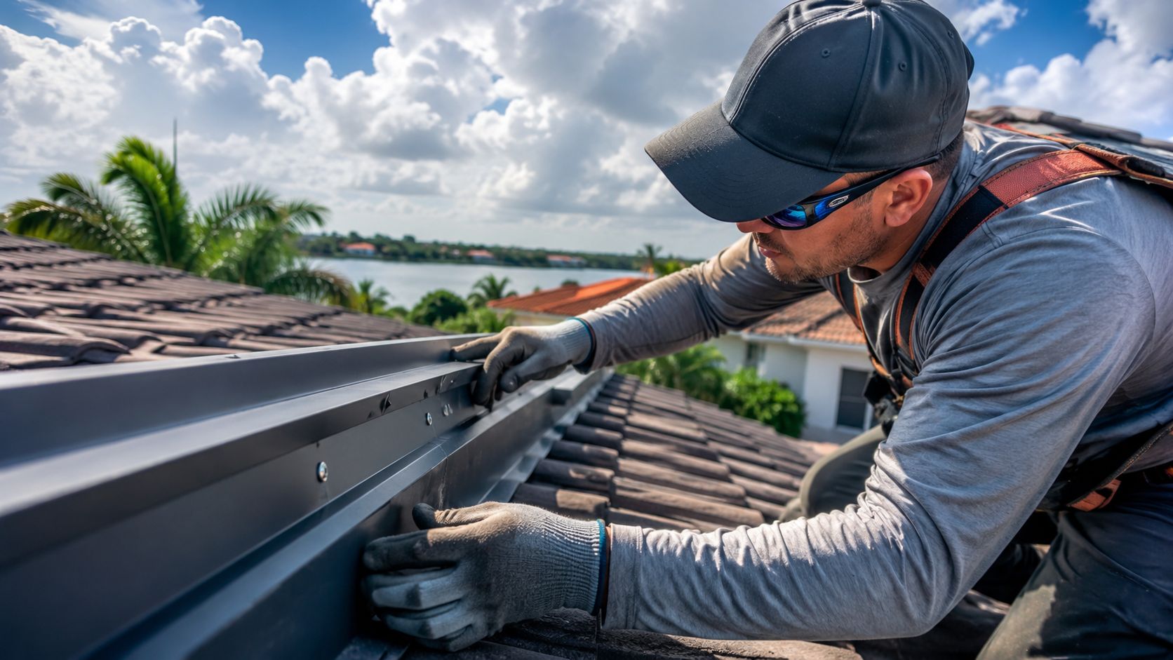 A professional construction worker installing metal rain deflectors on a residential tiled roof under a sunny sky.