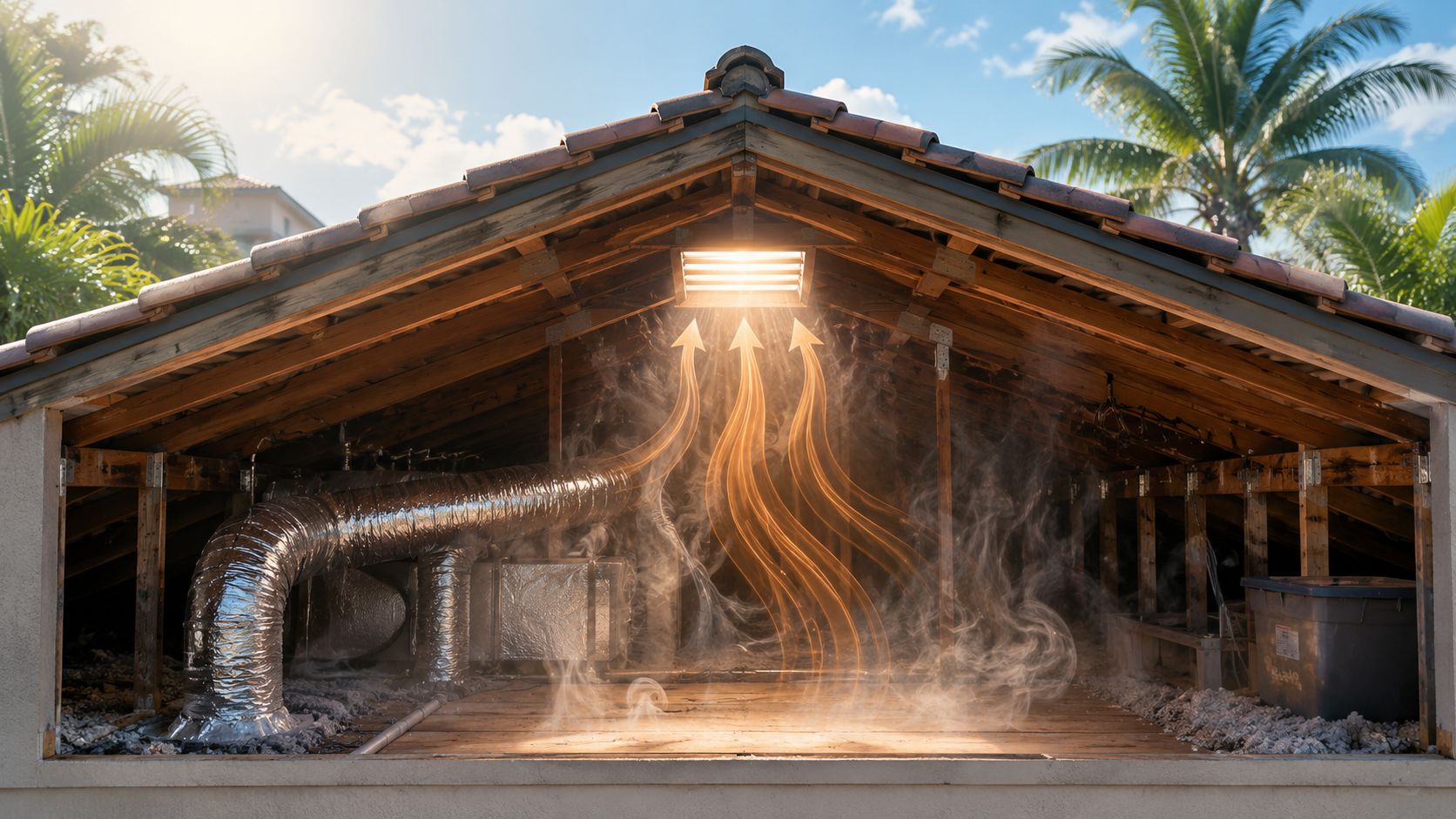 A cutaway view of an attic demonstrating how a ridge vent effectively exhausts hot air and steam.