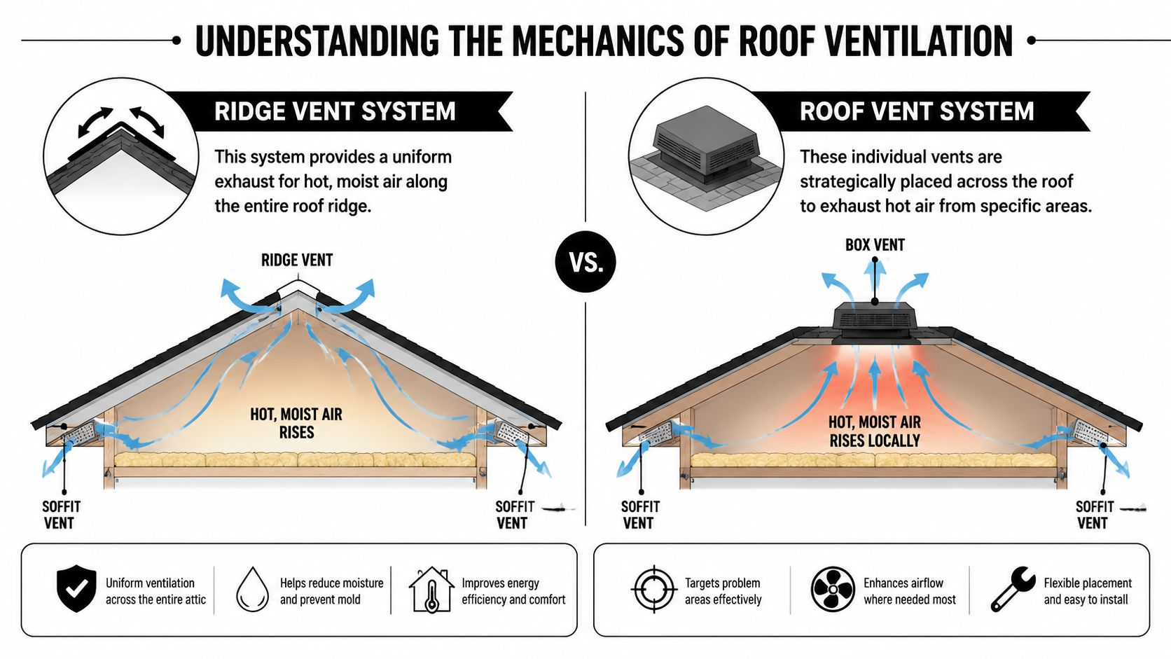 An infographic comparing a ridge vent system and a box roof vent system for attic ventilation.
