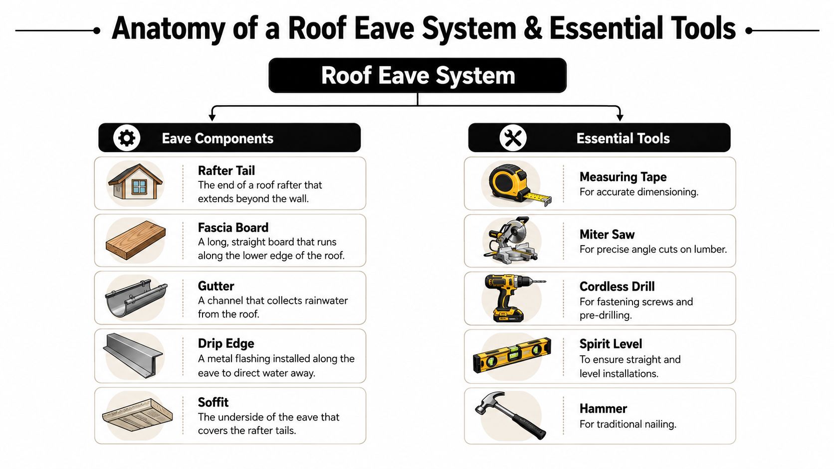 An infographic detailing essential roof eave components and the tools required for their installation and maintenance.