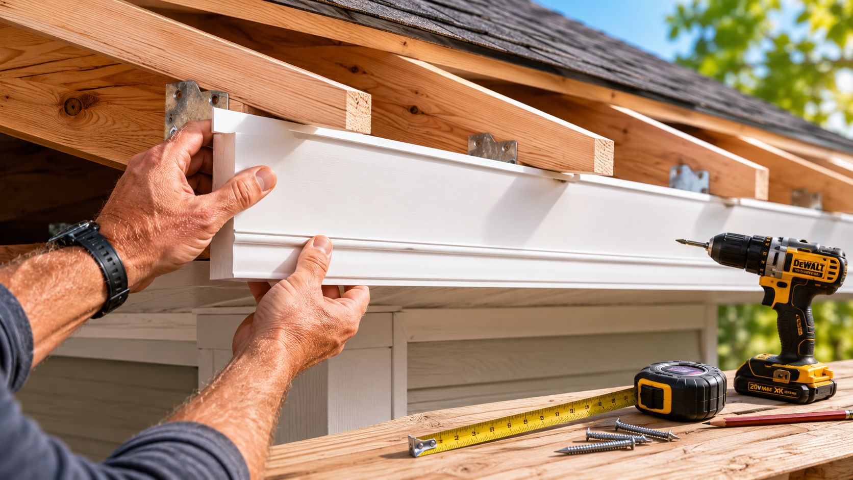 A construction worker installing a white fascia board on the eaves of a residential roof structure.
