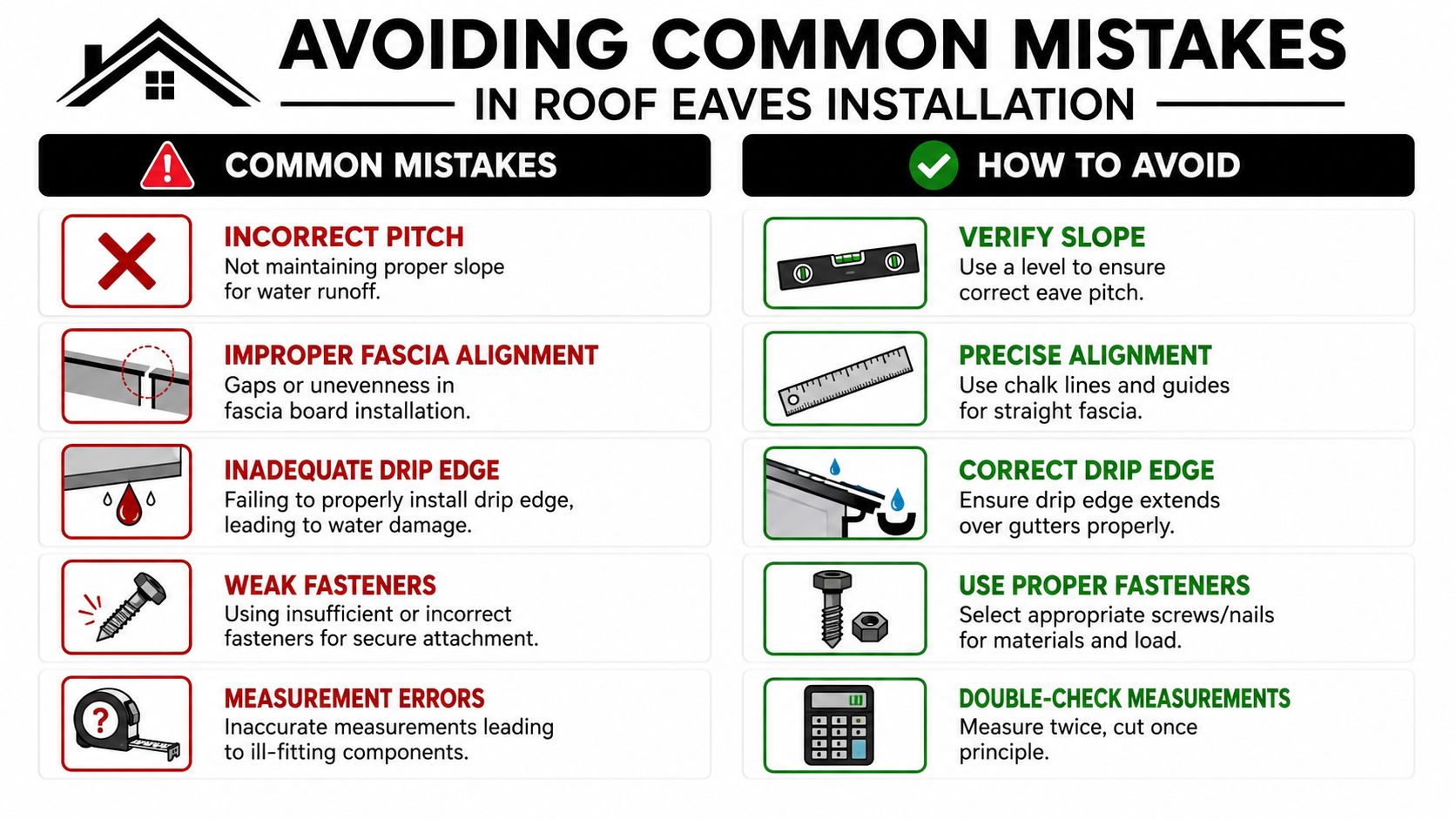 A guide infographic detailing common mistakes and solutions for professional roof eaves installation projects.