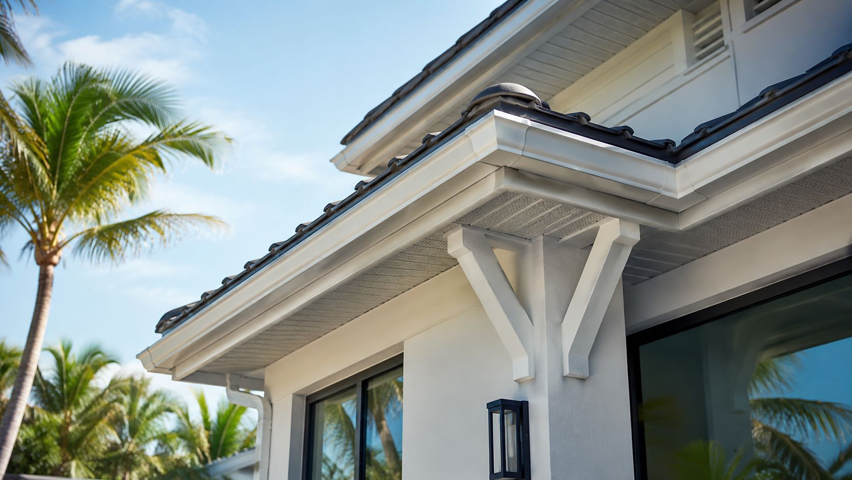 Low angle view of modern white house roof eaves and architectural brackets under a clear sky.