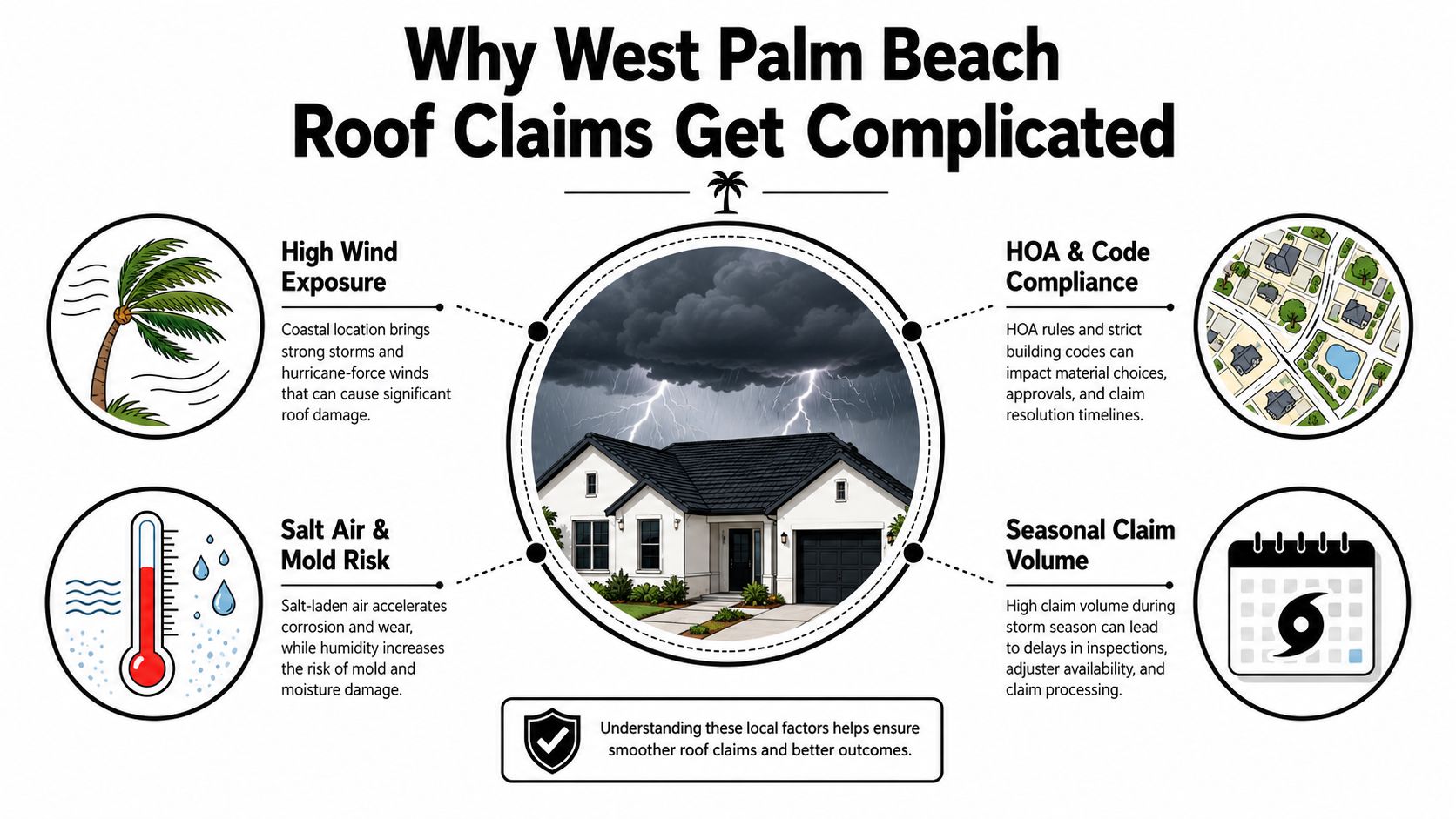 An infographic showing common complications for roof insurance claims in the West Palm Beach coastal area.